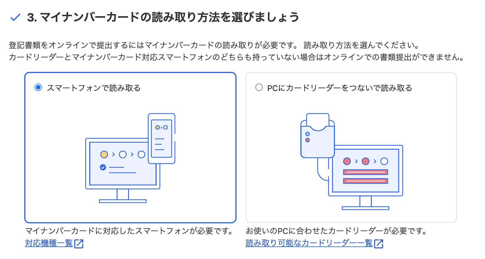 3. マイナンバーカードの読み取り方法を選びましょうカードのスクリーンショット