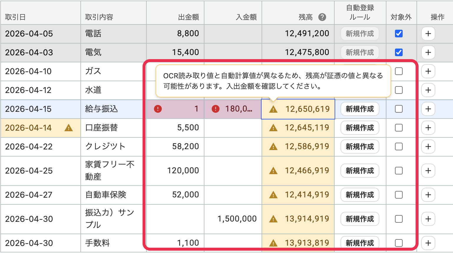 残高の自動計算と不一致アラート画面のスクリーンショット