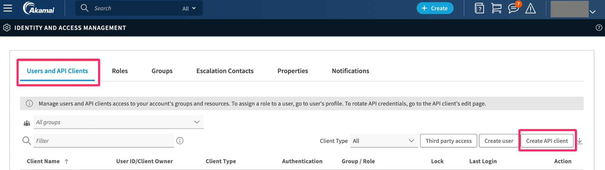 「Users and API Clients」で、［Create API client］を指し示しているスクリーンショット