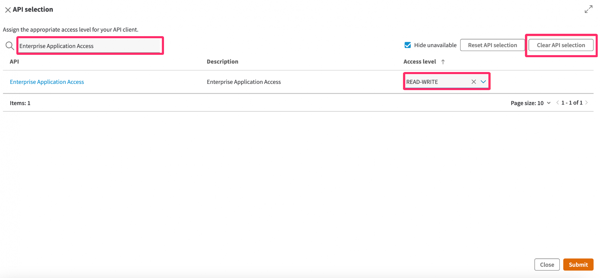 API selection画面のスクリーンショット