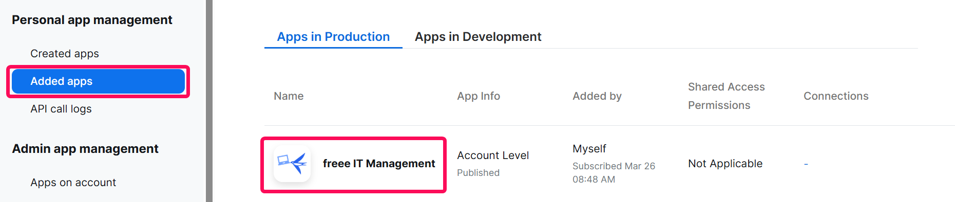 ［Added Apps］（インストール済みのアプリ一覧）画面のスクリーンショット