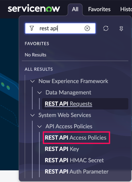［REST API Access Policies］を指し示しているスクリーンショット