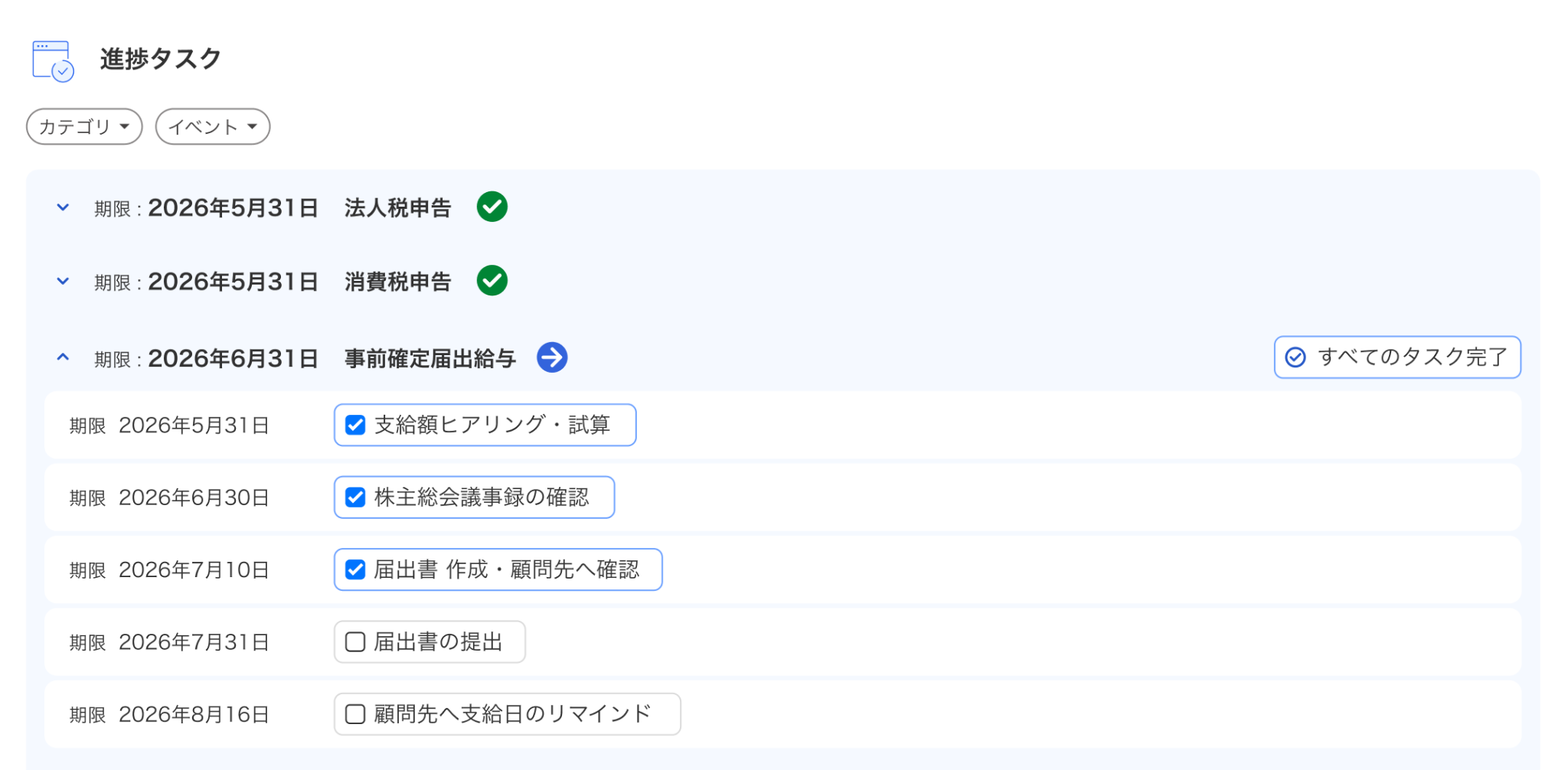 進捗タスク画面のスクリーンショット