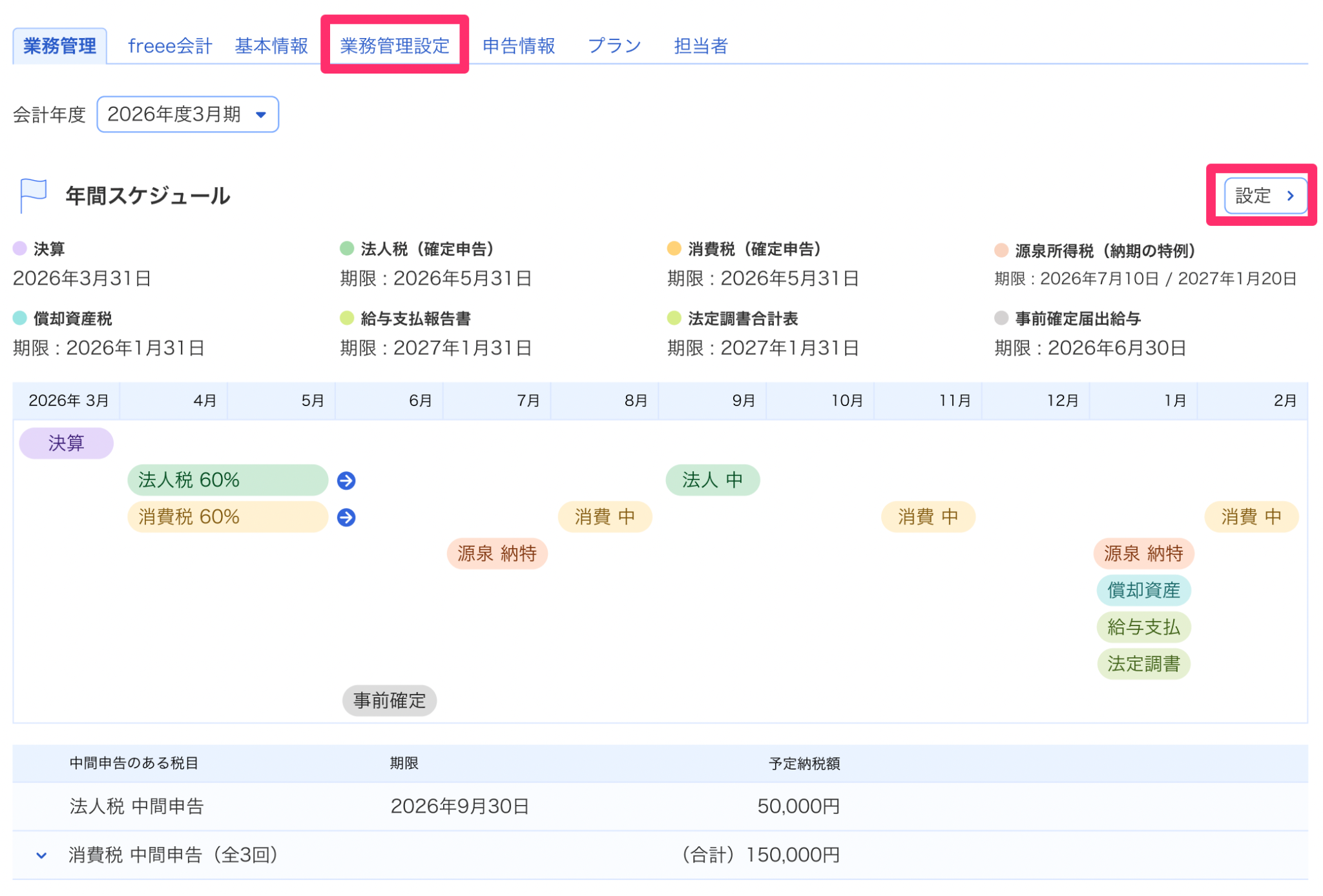 業務管理設定と［設定］ボタンを指し示しているスクリーンショット