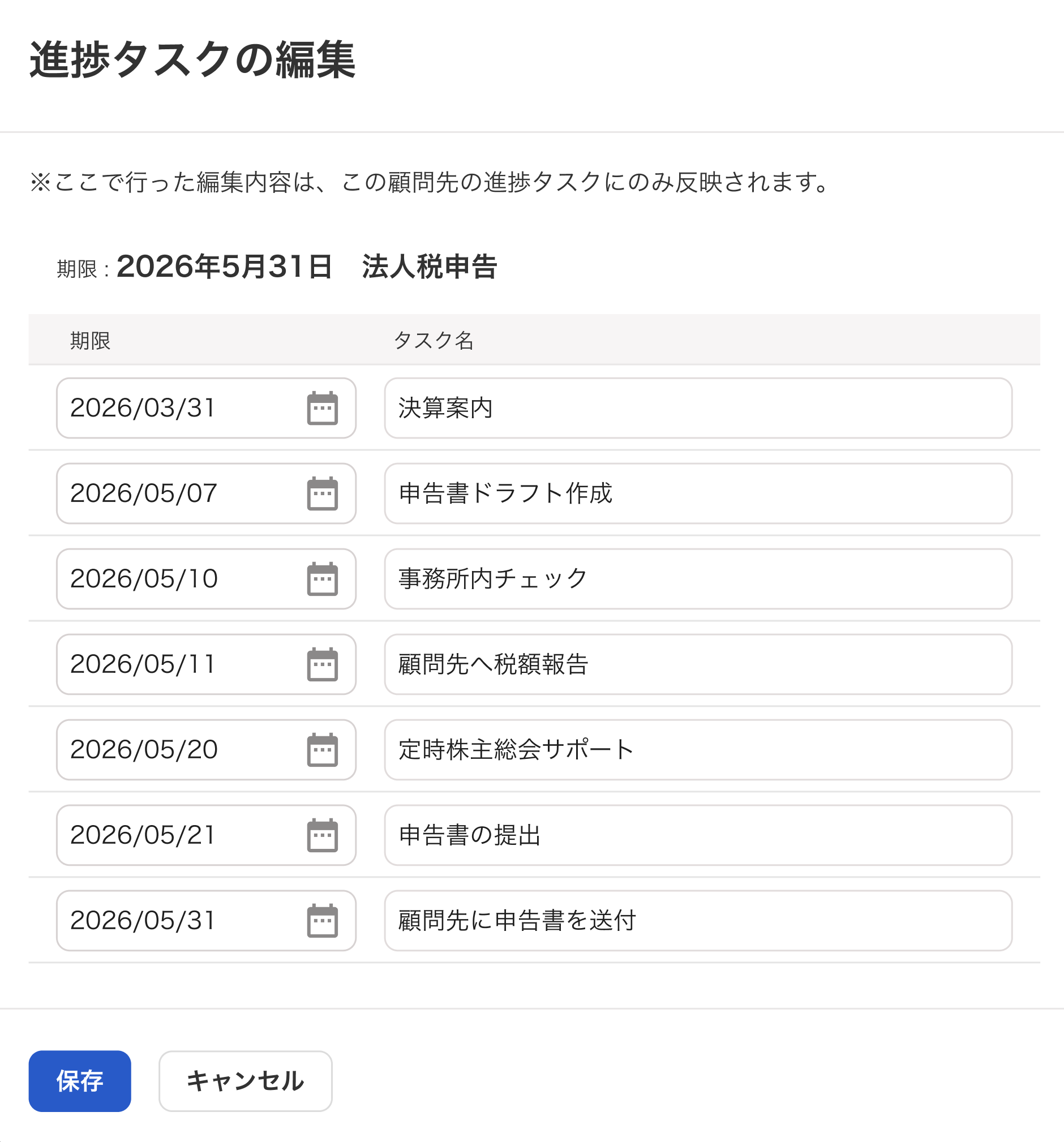 進捗タスクの編集画面のスクリーンショット