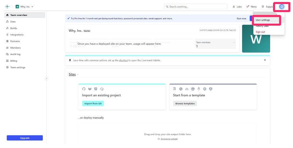 画面右上のアイコンをクリックして［User settings］を選択している画面のスクリーンショット