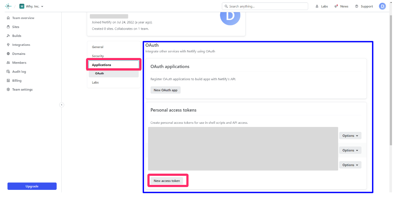 ［Applications］と［New access token］を指し示しているスクリーンショット