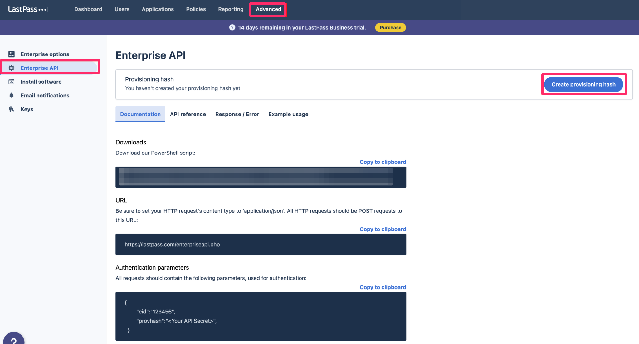 左のメニューバーから［Enterprise API］と［Create Provisioning hash］を指し示しているスクリーンショット