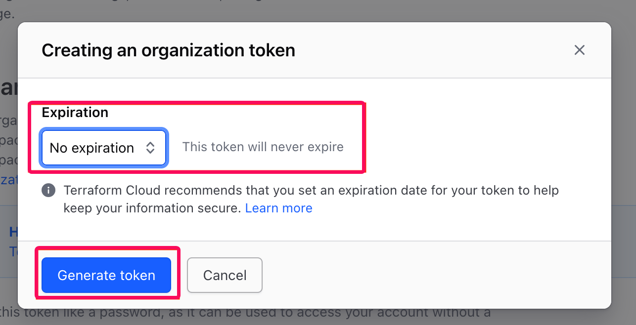 Creating an organization token画面のスクリーンショット