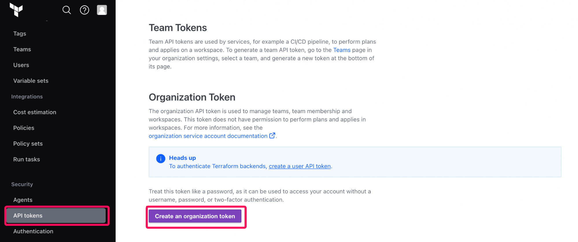 API tokens画面のスクリーンショット