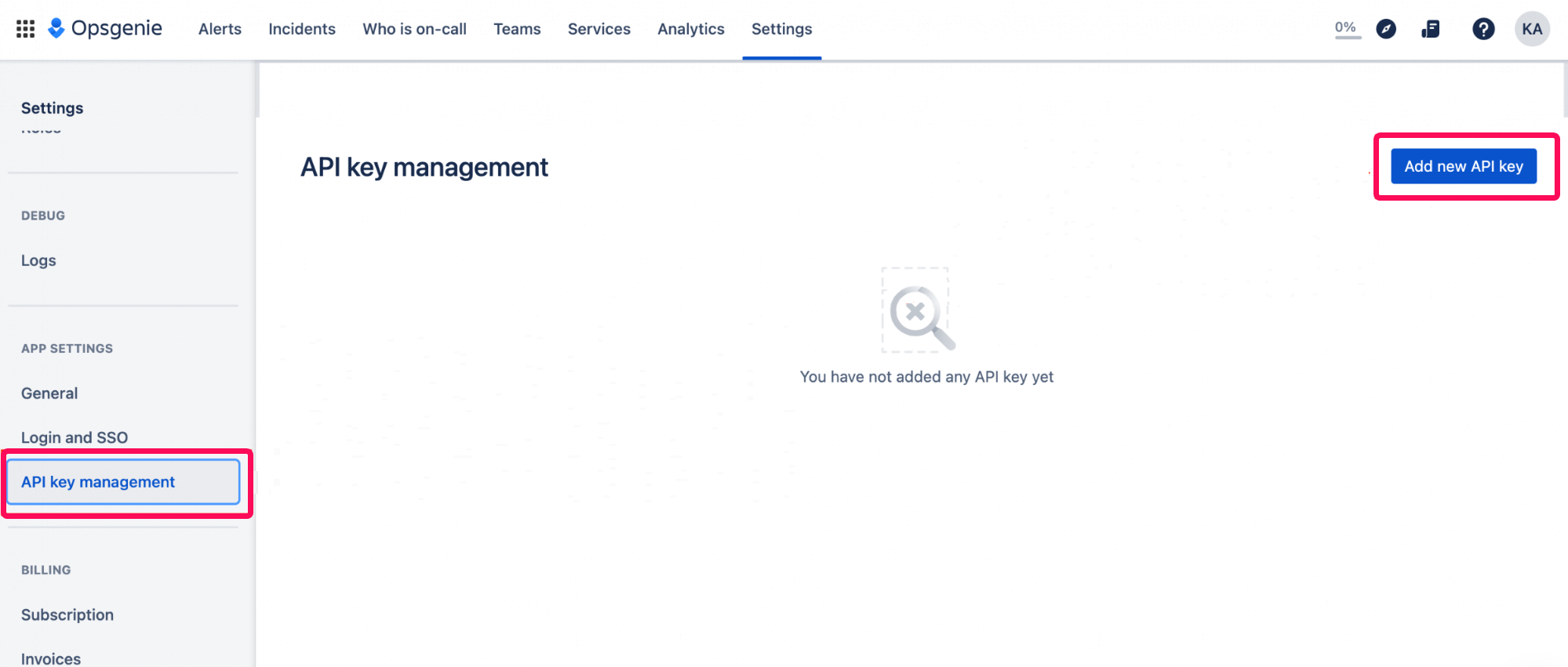 API key management画面のスクリーンショット