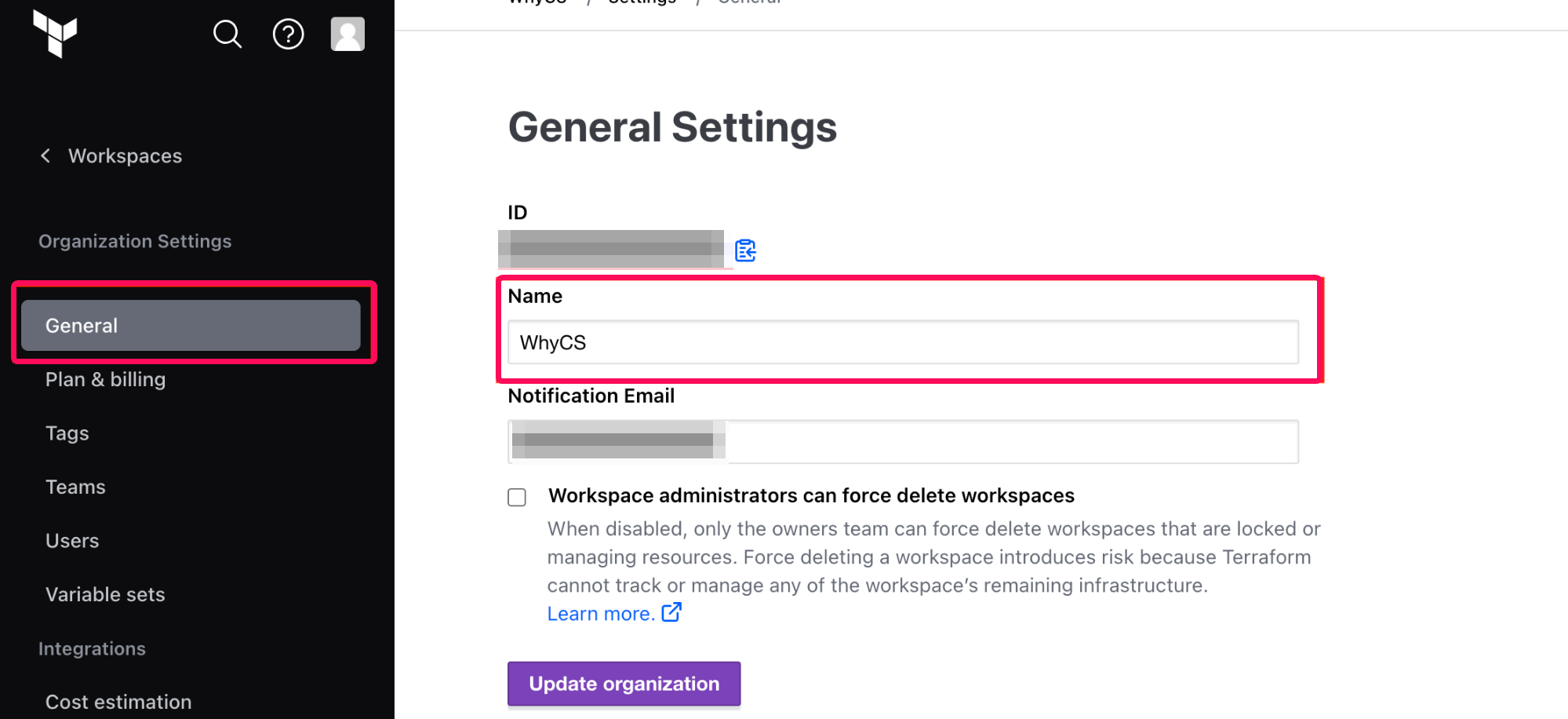 ［General］タブと「General Settings」項目の［Name］を指し示すスクリーンショット