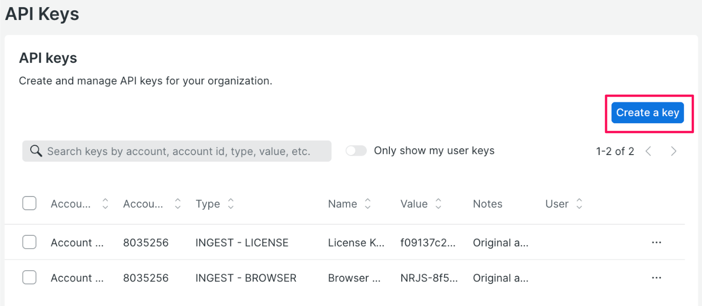 ［Create a key］ボタンを指し示すスクリーンショット