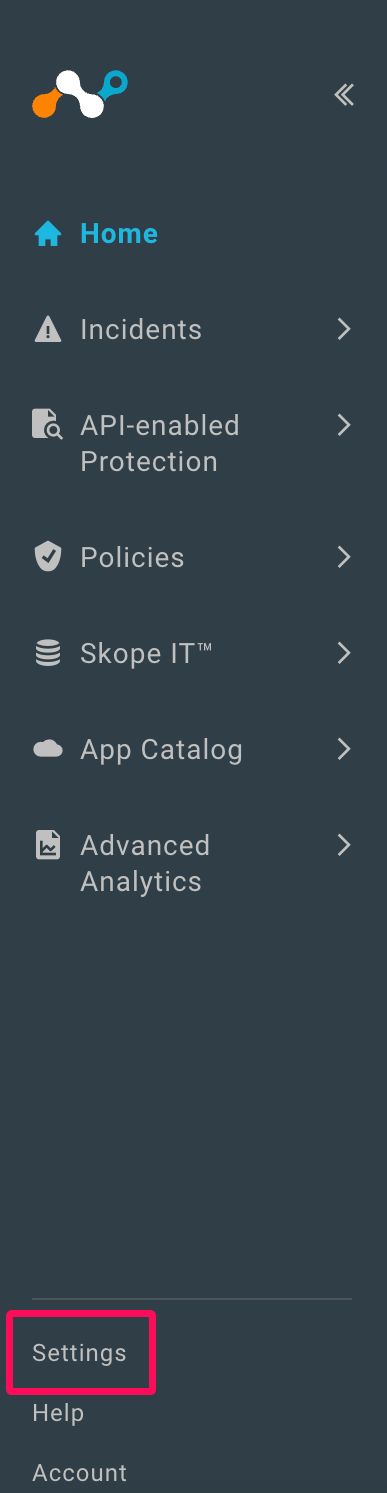 Netskope管理画面の［Settings］を指し示しているスクリーンショット