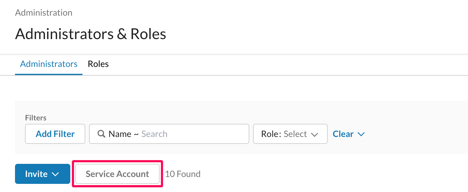 Administrators & Roles画面の［Service Account］を指し示しているスクリーンショット