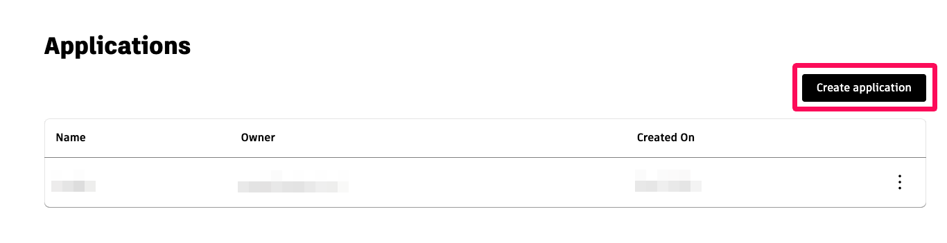  Applications画面の［Create application］を指し示しているスクリーンショット