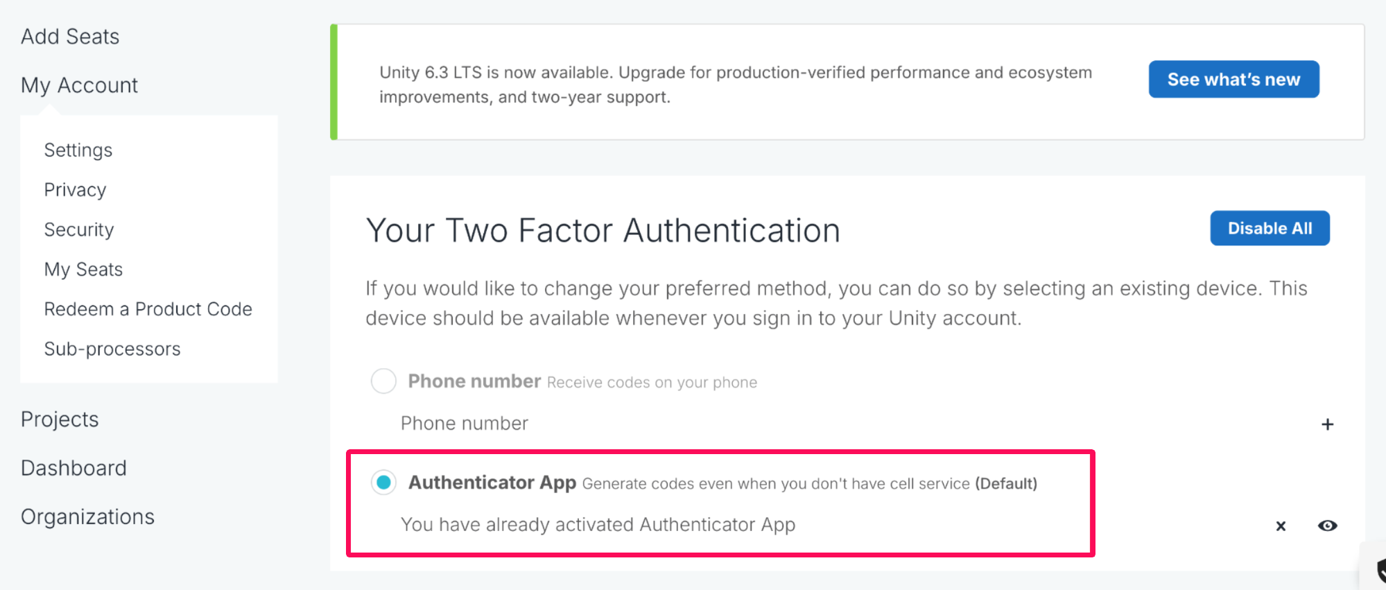 「You have already activated Authenticator App」の表記を指し示しているスクリーンショット