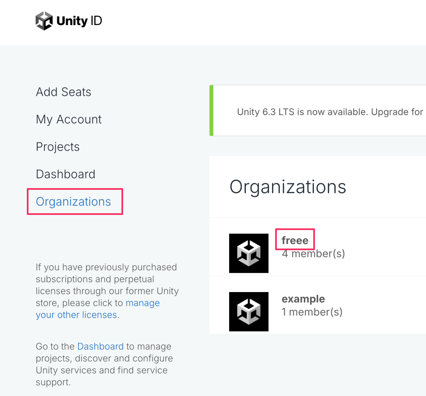 Unityの管理画面の［Organizations］と「freee」を指し示しているスクリーンショット
