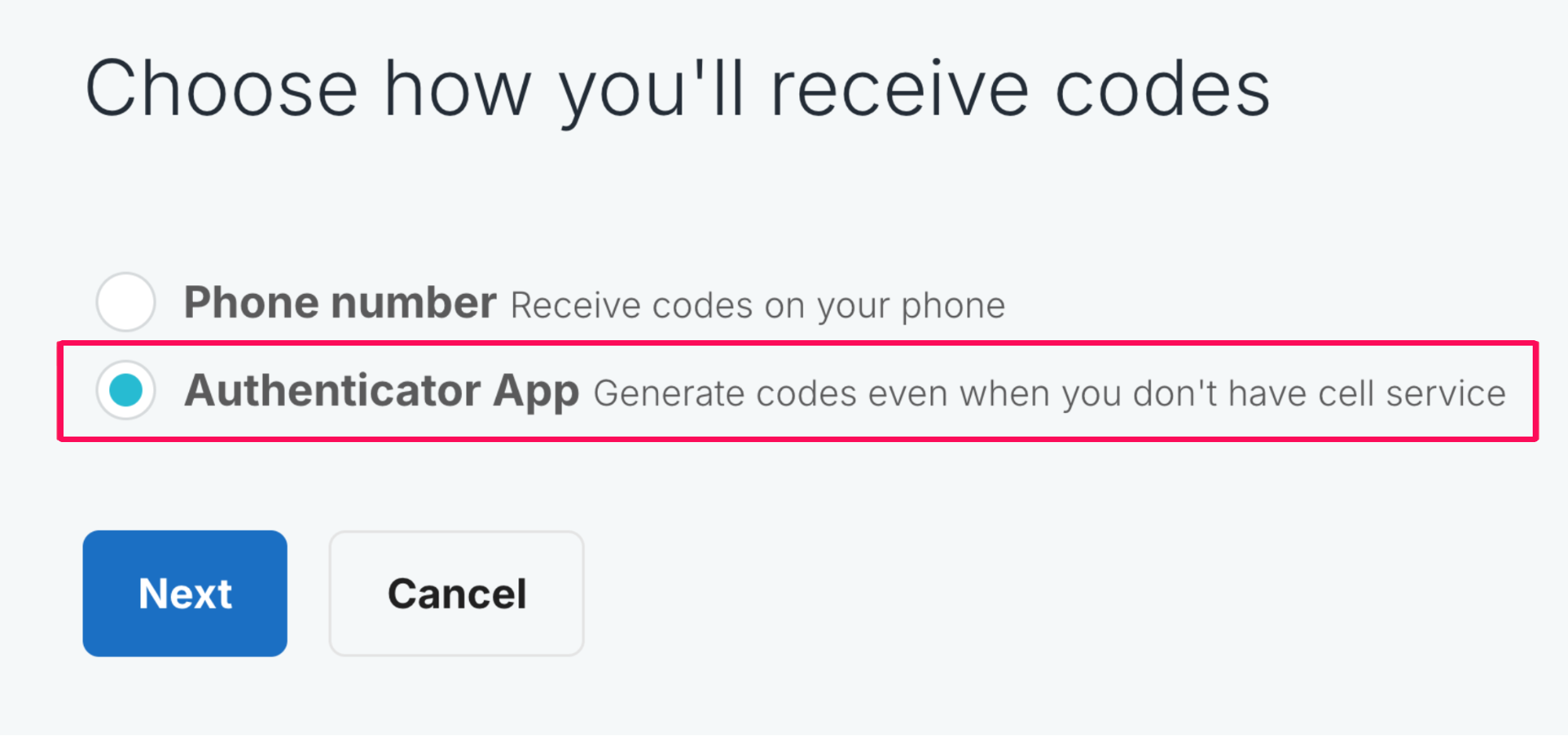 ［Authenticator App］を指し示しているスクリーンショット