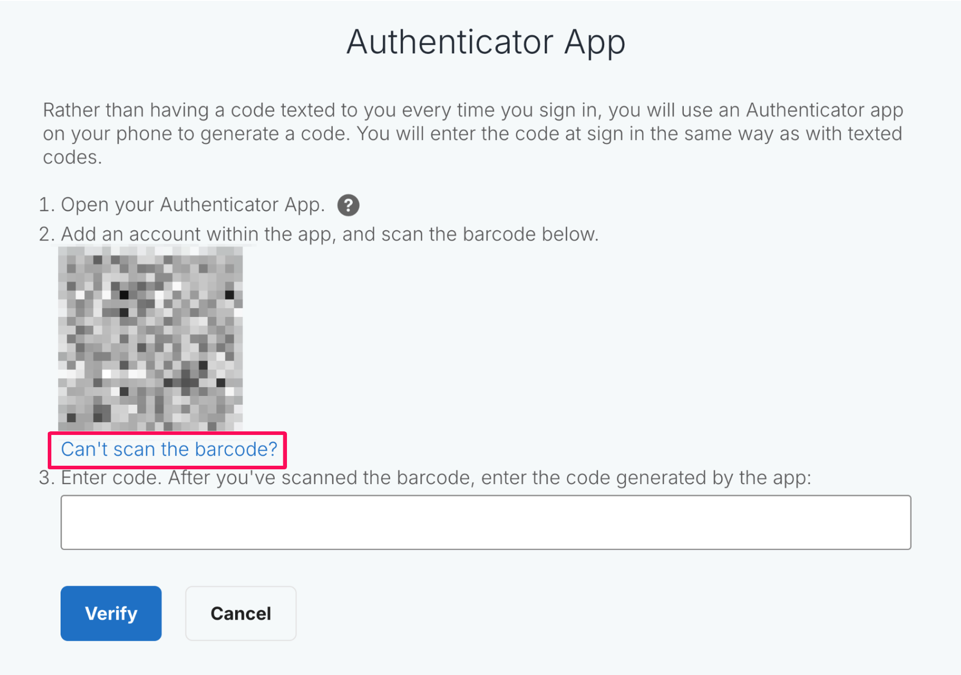 ［Can't scan the barcode?］リンクを指し示しているスクリーンショット
