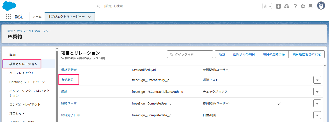 「項目とリレーション」画面で［有効期限］を指し示しているスクリーンショット