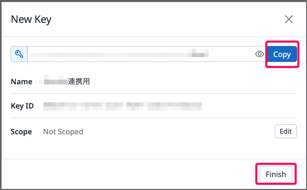［Copy］と［Finish］ボタンを指し示すスクリーンショット