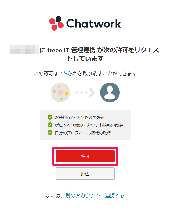 Chatwork画面の［許可］ボタンを指し示しているスクリーンショット