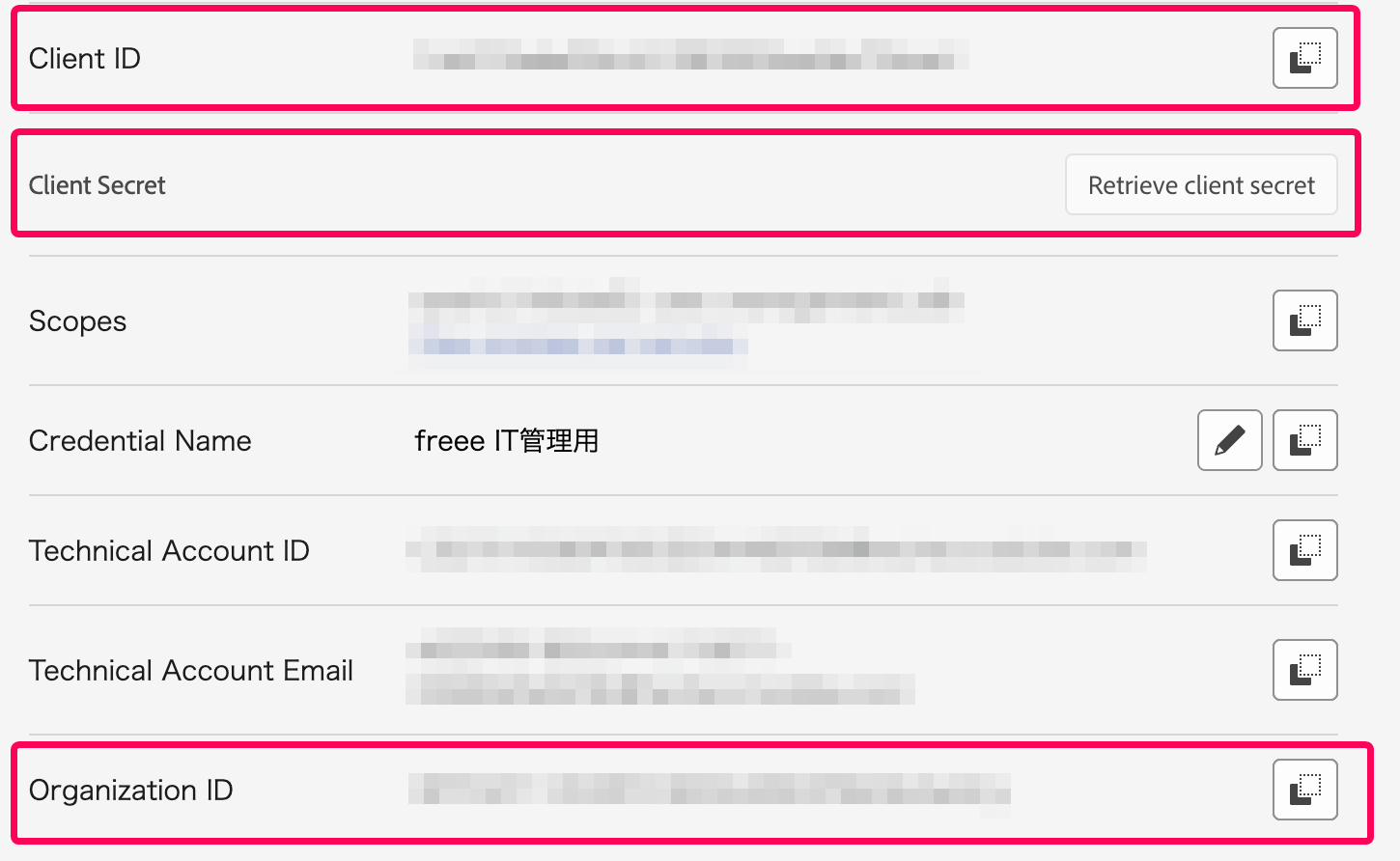 「CLIENT ID」「CLIENT SECRET」「ORGANIZATION ID」を指し示すスクリーンショット