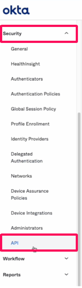 Okta画面の［Security］→［API］を指し示しているスクリーンショット