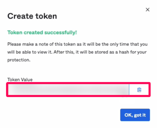 Create token画面の「Token value」を指し示しているスクリーンショット