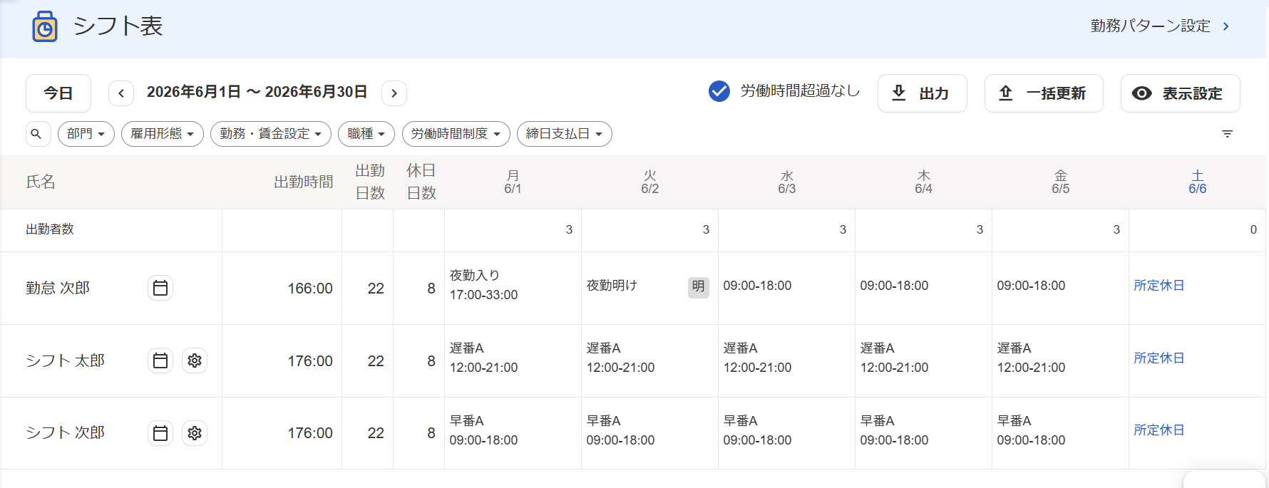 シフト表画面のスクリーンショット