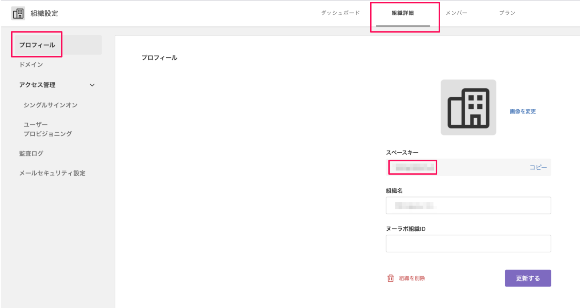 組織詳細のプロフィール画面のスクリーンショット