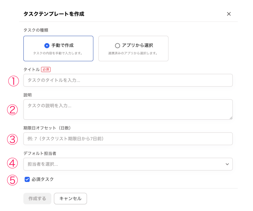 タスクテンプレートを作成画面のスクリーンショット