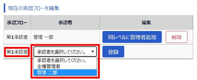 該当所属の申請承認フロー登録画面の承認者を選択部分を指し示しているスクリーンショット