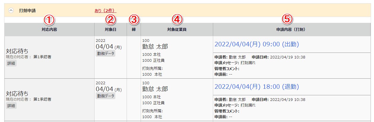 「他者の承認待ち申請」画面の「打刻申請」部分のスクリーンショット