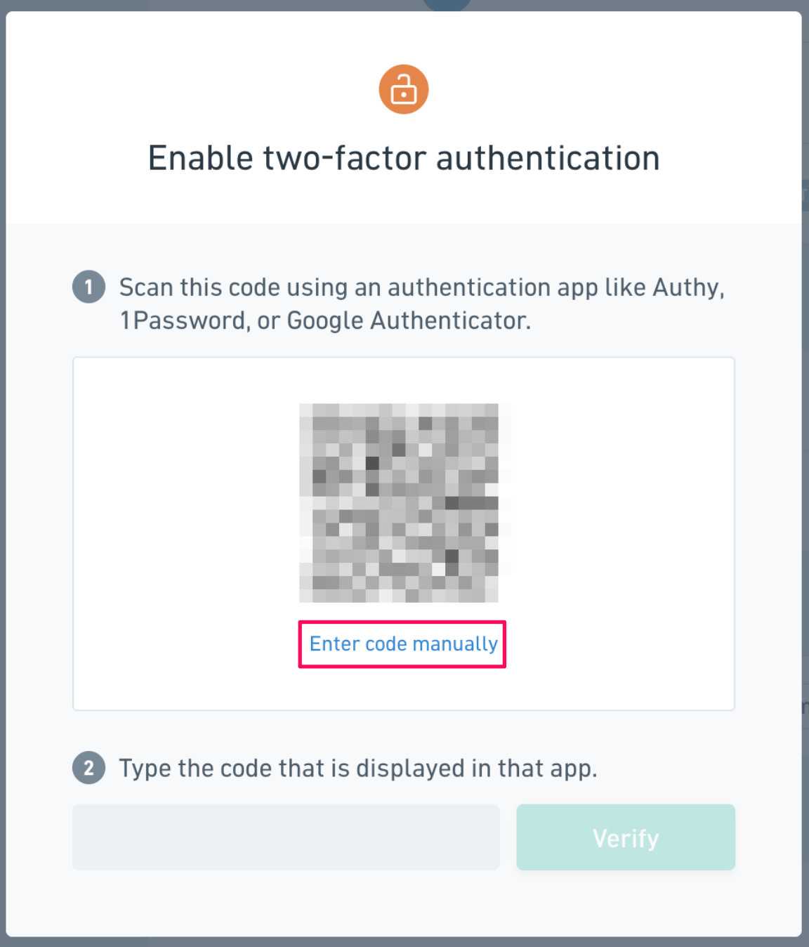 ［Enter code manually］ボタンを指し示すスクリーンショット