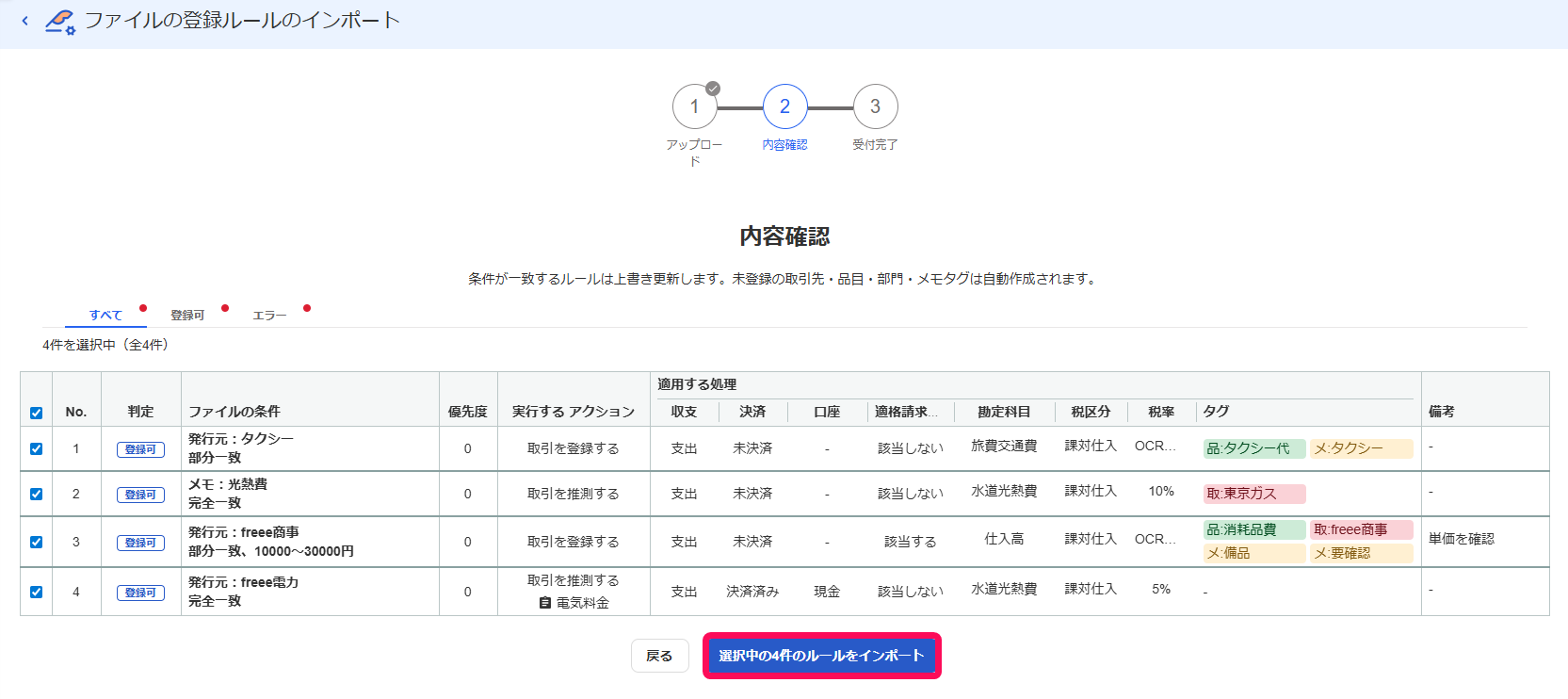 選択中の〇件のルールをインポートボタンを指し示すスクリーンショット