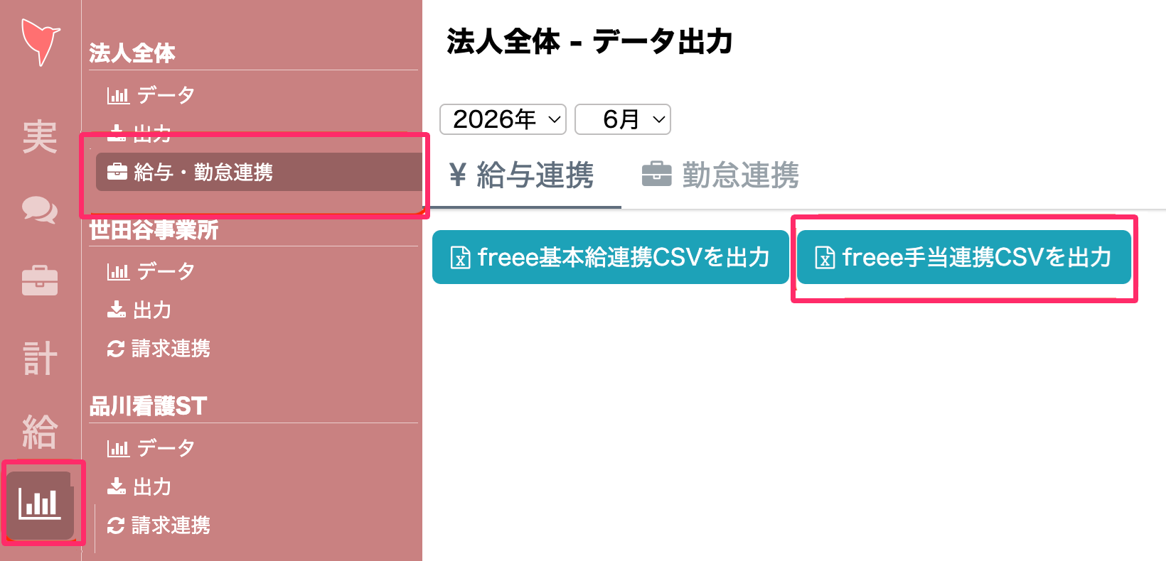 ［グラフマーク］と［給与・勤怠連携］と［freee手当連携CSVを出力］を指し示しているスクリーンショット