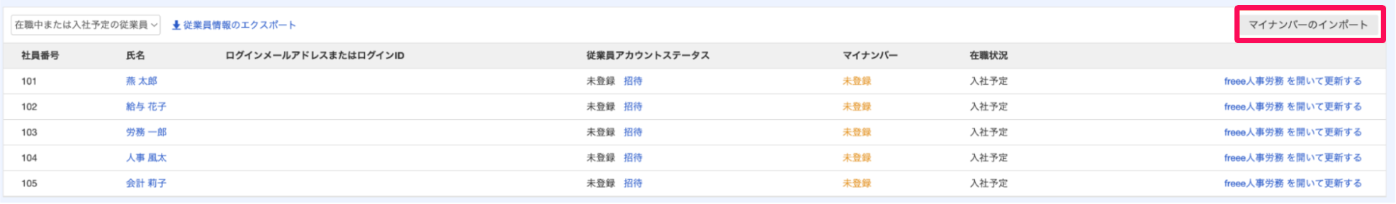 従業員画面の［マイナンバーのインポート］を指し示しているスクリーンショット