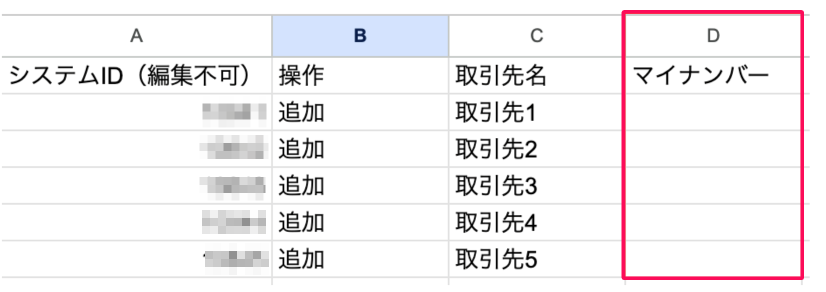CSVファイル編集画面の「マイナンバー」列を指し示しているスクリーンショット