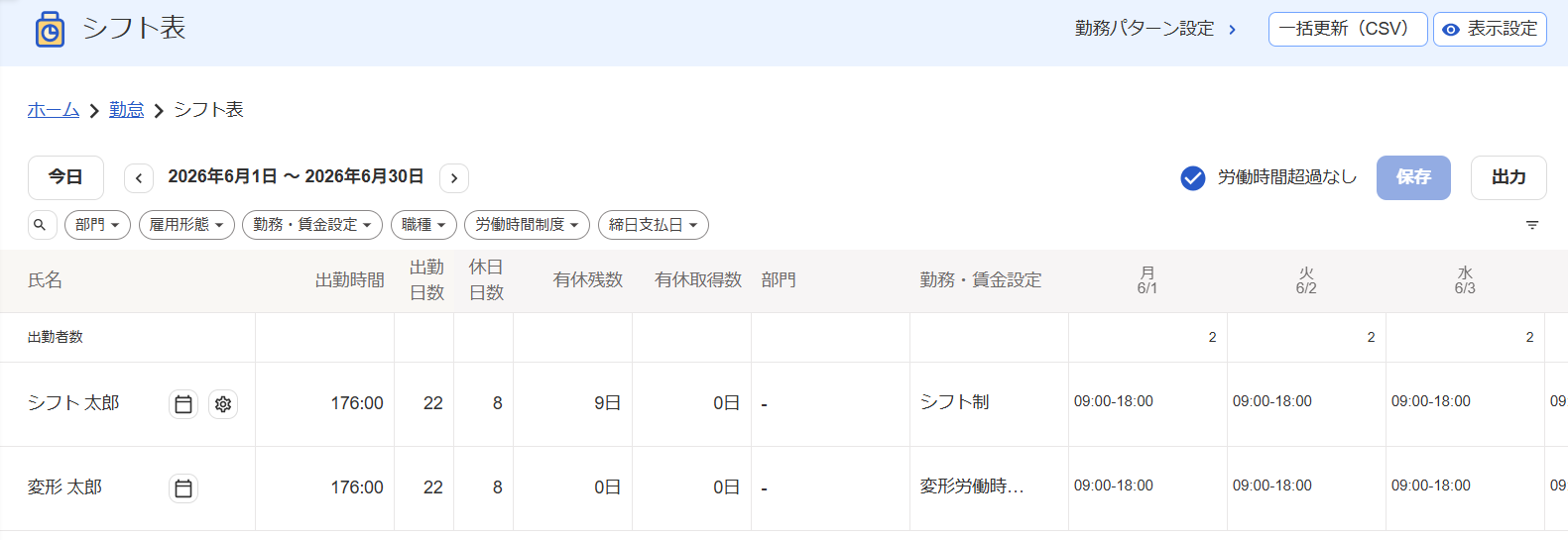 シフト表画面のスクリーンショット
