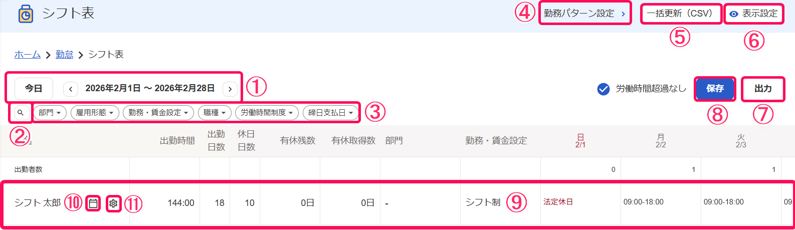 シフト表画面のスクリーンショット