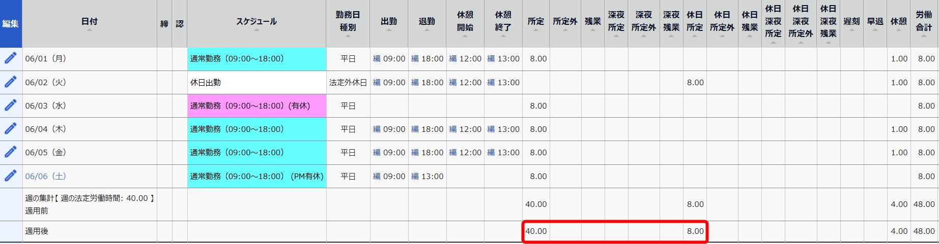 所定時間と休日所定時間を指し示すスクリーンショット