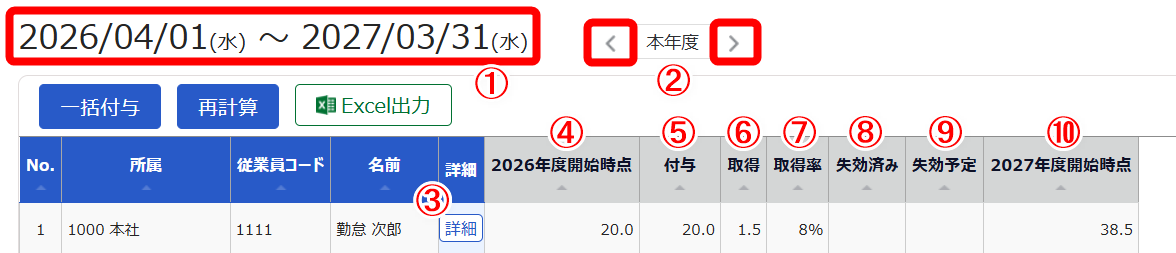 休暇管理画面で「休暇区分：有休」で絞り込んだ画面のスクリーンショット