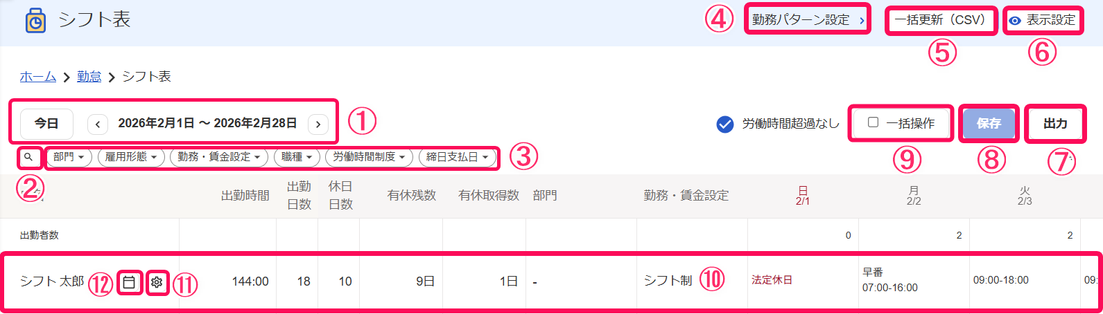 シフト表画面のスクリーンショット