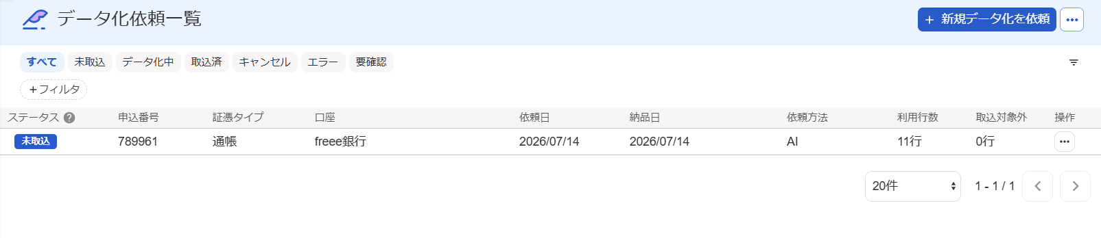 データ化依頼一覧画面のスクリーンショット