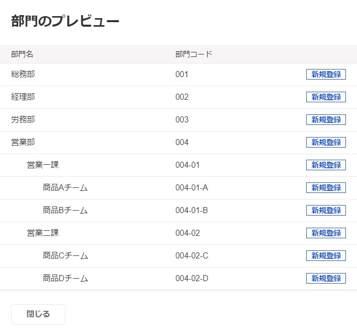 部門のプレビュー画面のスクリーンショット