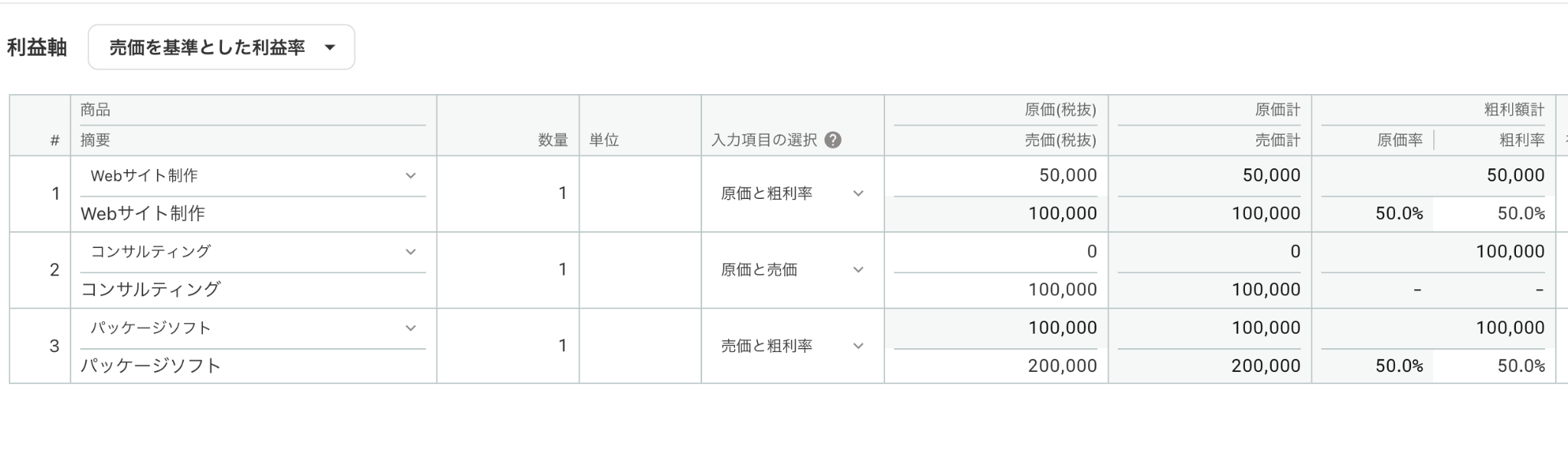 自動計算項目と入力できない項目がグレーアウトしている画面のスクリーンショット