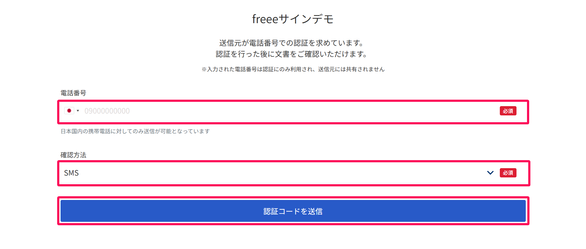 「電話番号」「確認方法」［認証コードを送信］を指し示すスクリーンショット