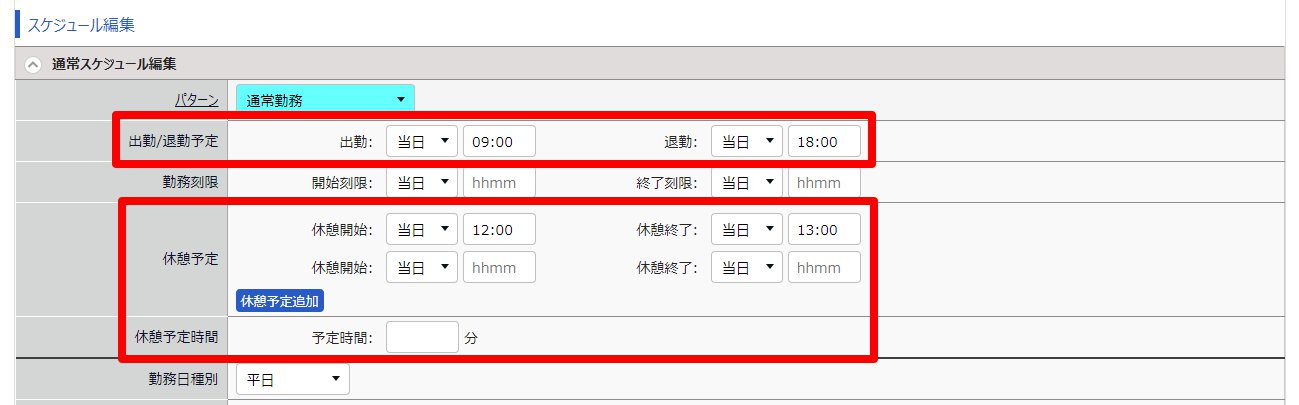 勤務データ編集画面の「スケジュール編集」部分のスクリーンショット